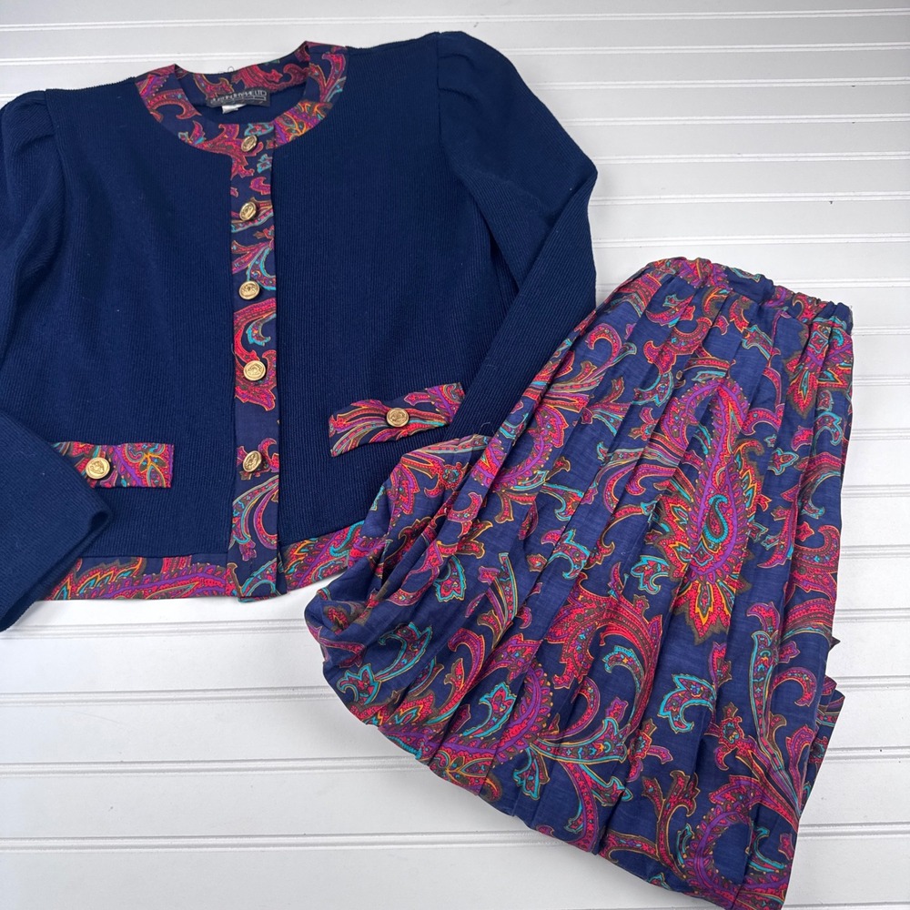 Vintage Just in Thyme Women's 10 2pc Blazer Skirt Navy Paisley